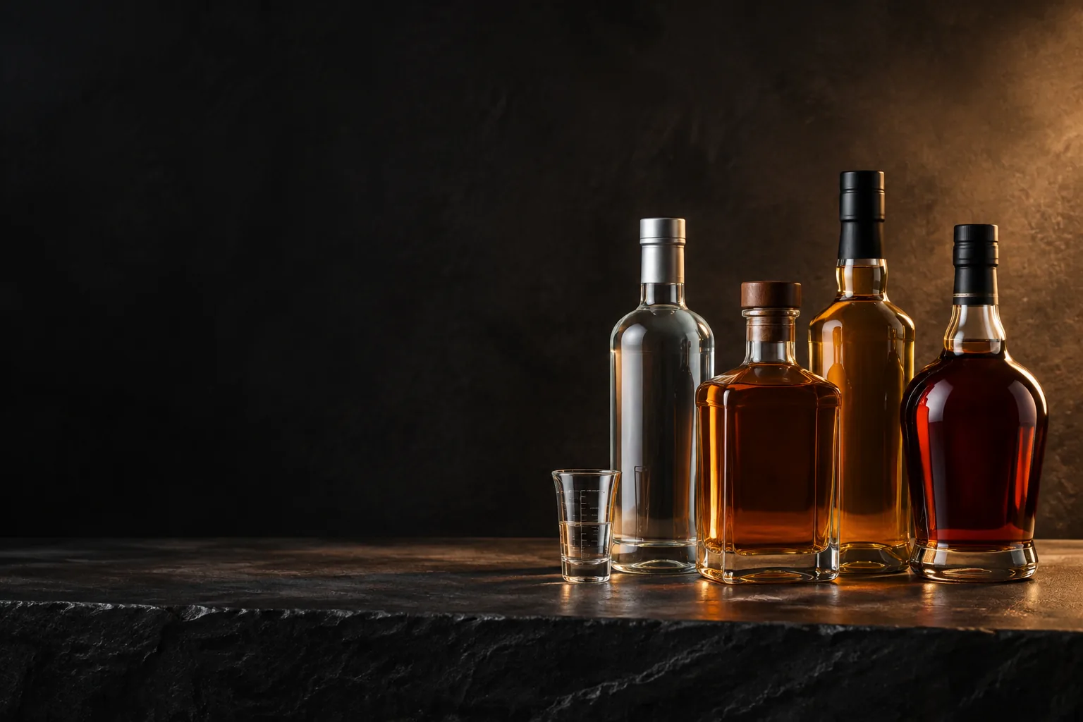 Unbranded spirits and wine bottles on a limestone counter